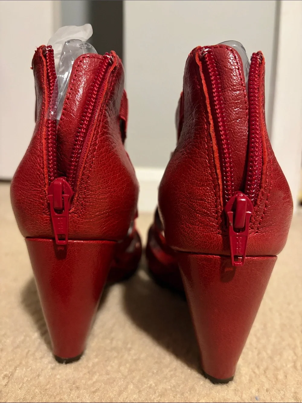 AEROSOLES Red Leather Peep-Toe Wedge Sandals